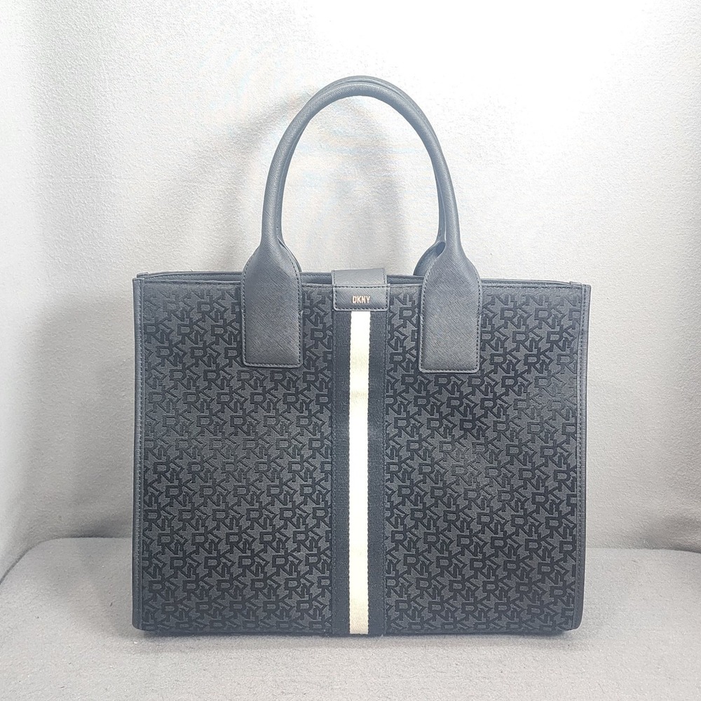 DKNY Carlita Tote Bag Black Logo Jacquard Top Handle Satchel Accent - Picture 1 of 10